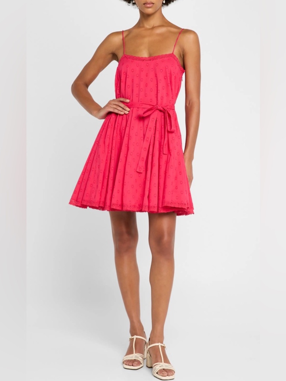 Ulla Johnson Beatriz Swiss Dot Lace-Trim Hot Pink Dress Sz 6